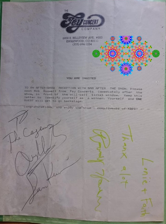 Fey Concert Company backstage invite signed by Sam Kinison and Randy Hansen, addressed to Lonie and Faith, Denver 1989